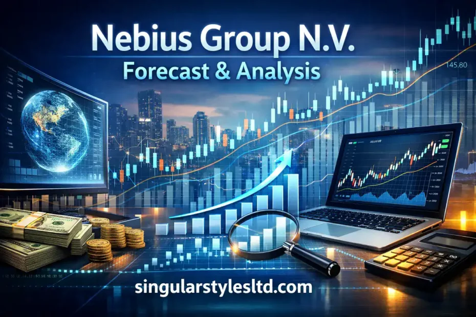 Professional financial-themed graphic titled “Nebius Group N.V. Forecast & Analysis” featuring stock charts, a city skyline, laptop analytics, cash stacks, and the website singularstylesltd.com displayed at the bottom.