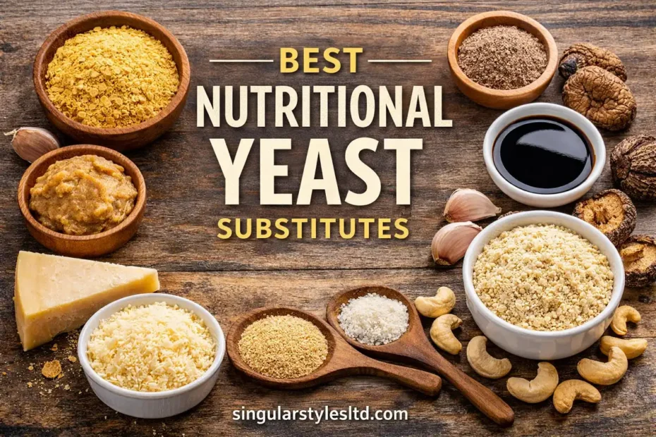 Nutritional yeast substitutes including Parmesan, miso paste, cashews, mushroom powder, and soy sauce displayed on a wooden table.