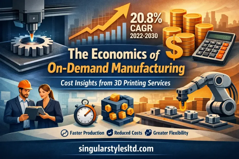 Infographic showing the economics of on-demand manufacturing with 3D printing, highlighting cost savings, faster production, and market growth, branded with singularstylesltd.com.