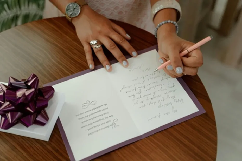 Person writing a heartfelt message inside a greeting card beside a wrapped gift with a purple bow.