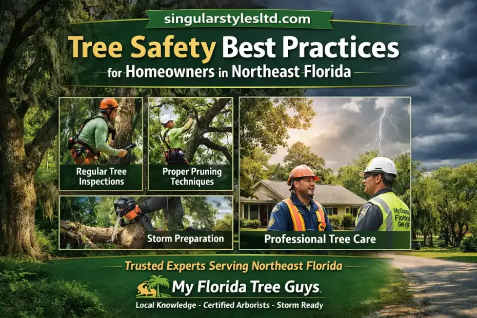 Tree safety infographic for Northeast Florida homeowners highlighting inspections, pruning, storm preparation, and professional tree care, branded with singularstylesltd.com.