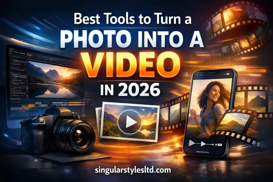 Graphic titled “Best Tools to Turn a Photo Into a Video in 2026” with a camera, film strips, a video editing screen, and a smartphone playing a video, branded with singularstylesltd.com.