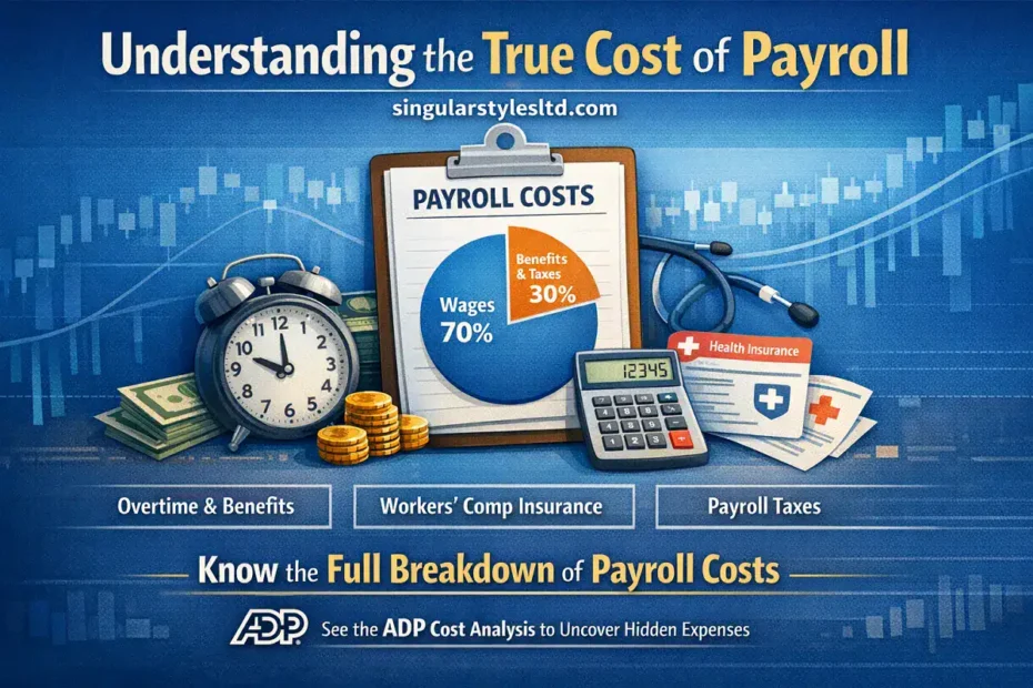 Infographic showing payroll cost breakdown with 70% wages and 30% benefits and taxes, branded with singularstylesltd.com.