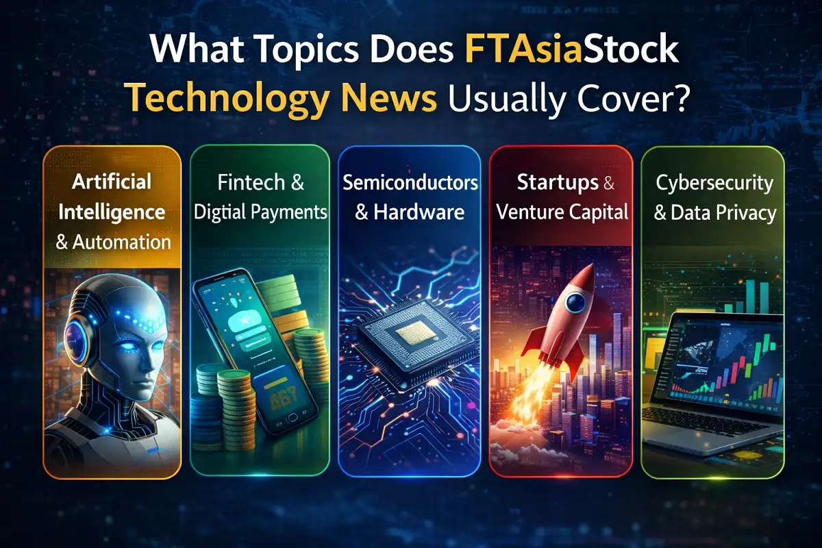 Infographic showing topics covered by FTAsiaStock technology news including AI, fintech, semiconductors, startups, and cybersecurity.