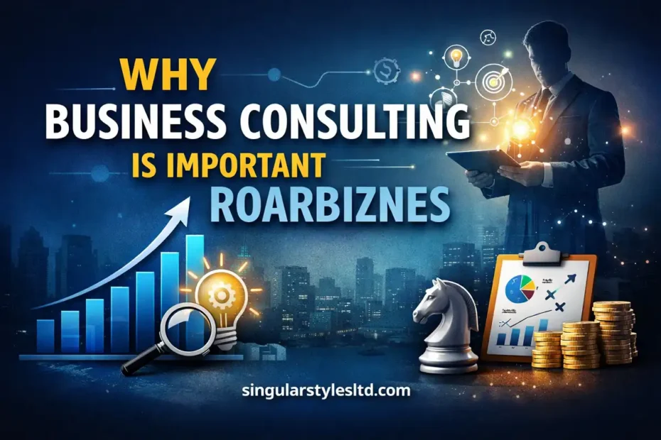 Business consulting concept showing growth chart, strategy icons, and a professional analyzing data with the text “Why Business Consulting Is Important Roarbiznes” and the site name singularstylesltd.com.