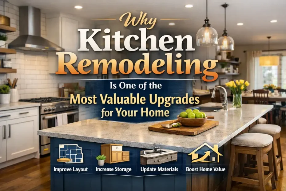 Modern kitchen remodeling graphic showing a stylish renovated kitchen with the headline “Why Kitchen Remodeling Is One of the Most Valuable Upgrades for Your Home” and benefits like improved layout, increased storage, updated materials, and higher home value, branded with singularstylesltd.com.