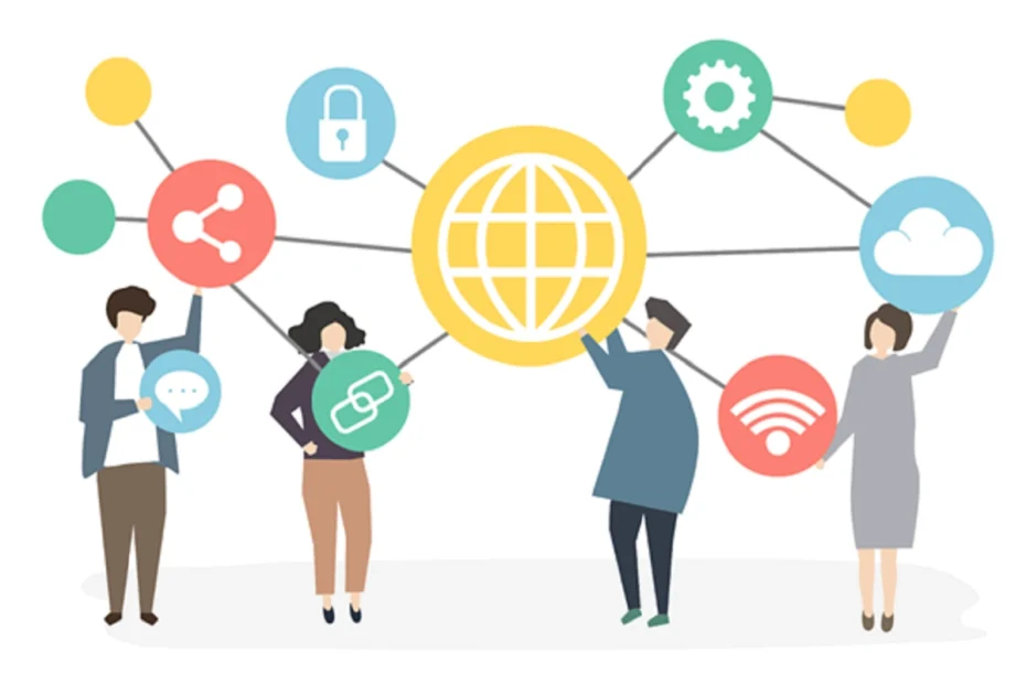 White-hat link building concept illustration with people connecting global network, security, cloud, and SEO icons.