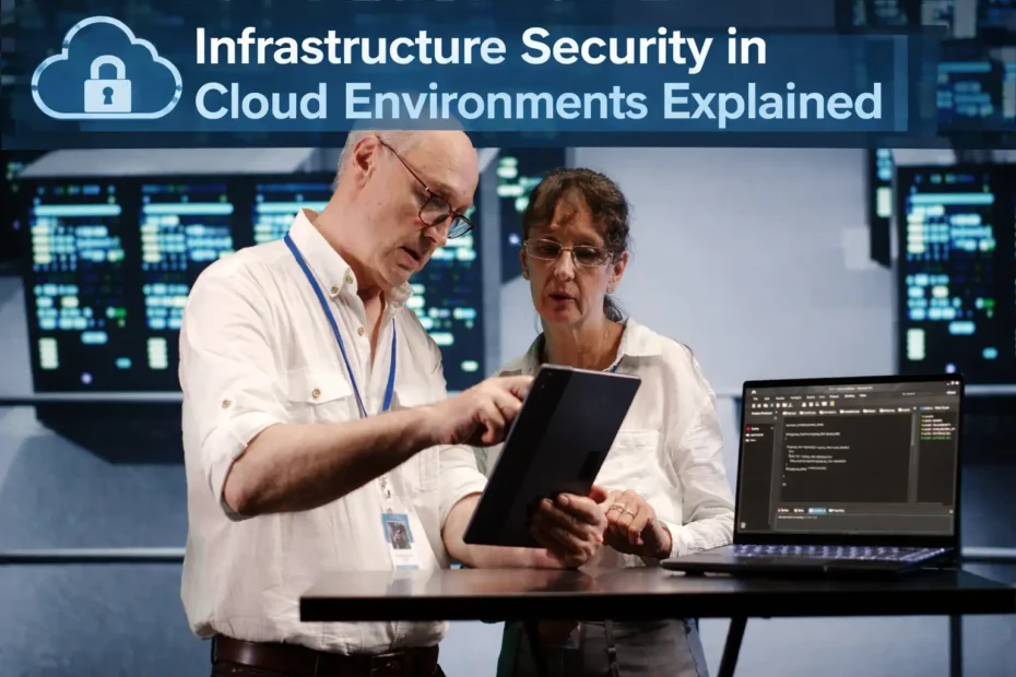 Infrastructure security professionals analyzing cloud systems in a modern data center environment.