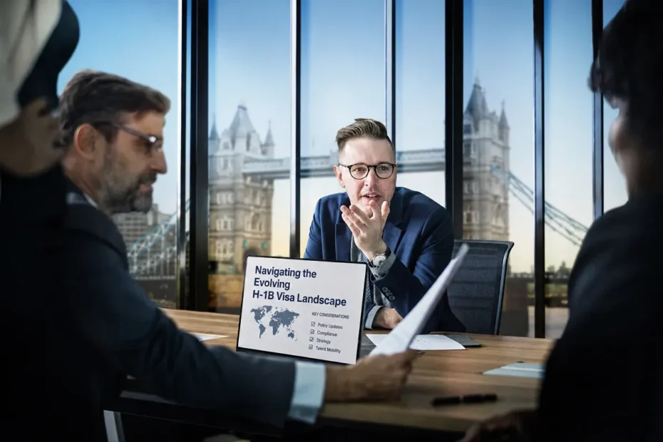 Business professionals discussing H-1B visa strategy in a modern office with London skyline in the background.