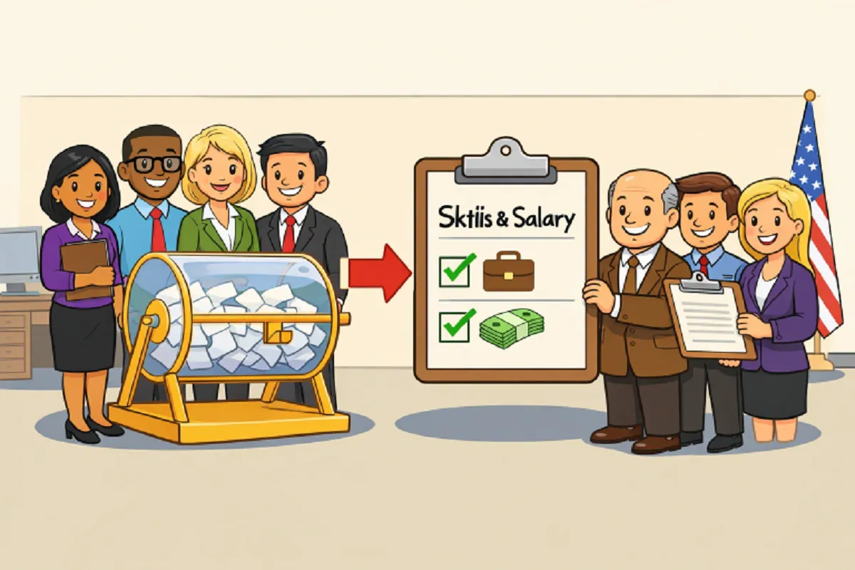 Cartoon showing a lottery-style selection turning into a checklist of skills and salary, with professionals and officials reviewing candidates.