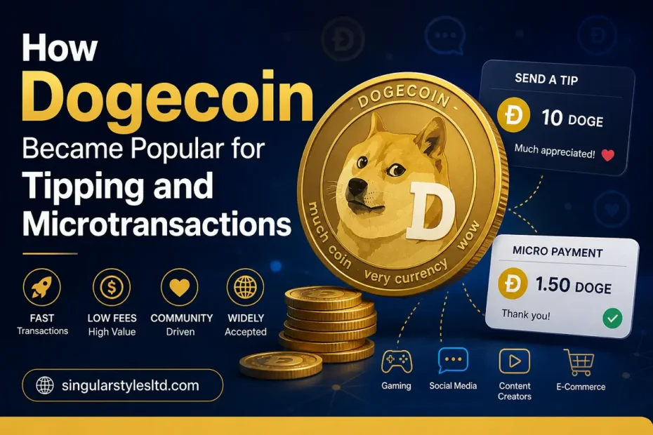 Dogecoin tipping and microtransactions illustration with gold Dogecoin coin, digital payment graphics, and singularstylesltd.com branding.