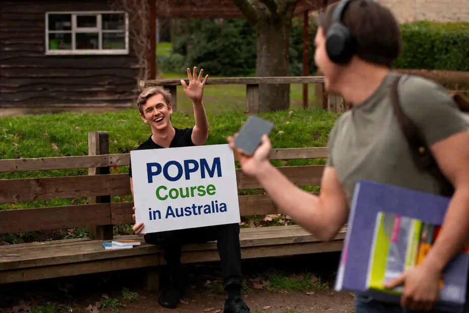 Young man holding a “POPM Course in Australia” sign while waving to a student walking by outdoors.
